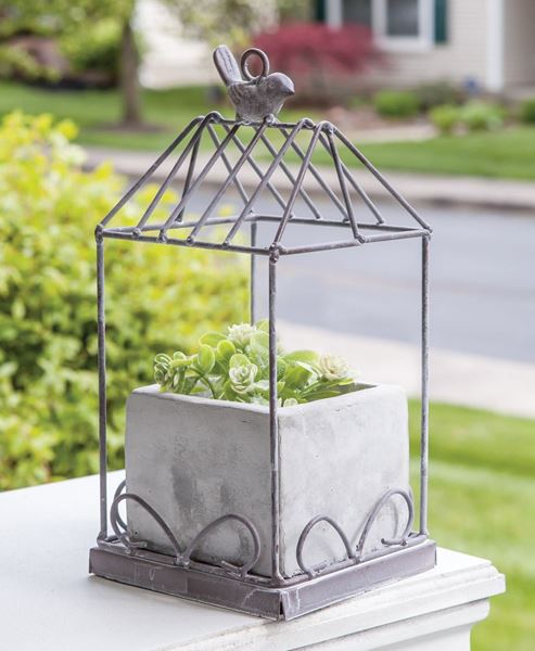 Picture of Graywash Metal Birdcage With Cement Planter