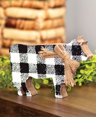 Picture of Black & White Gingham Check Chunky Wooden Cow