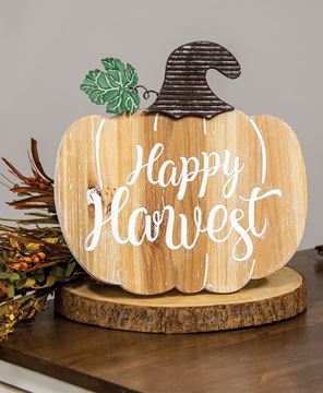 Picture of Happy Harvest Engraved Wooden Pumpkin Sign w/Easel Back