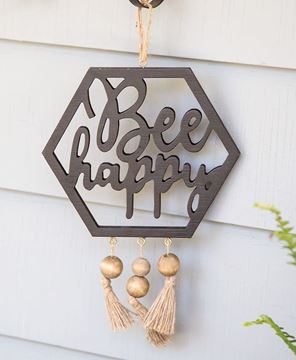Picture of Bee Happy Hanging Wooden Cutout With Beaded Tassels