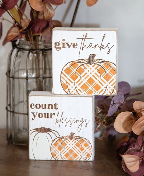 Picture of Give Thanks Plaid Pumpkin Block, 2/Set