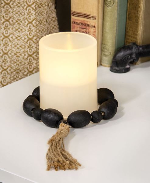 Picture of Black Distressed Wood Oval Bead Candle Ring w/Jute Tassel