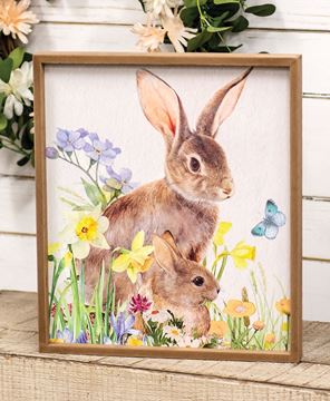 Picture of Easter Bunnies in Spring Flowers Wood Framed Sign