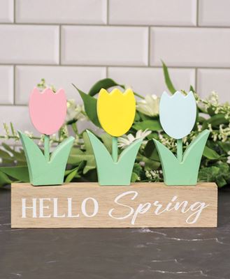 Picture of Hello Spring Pastel Tulips Wood Sitter