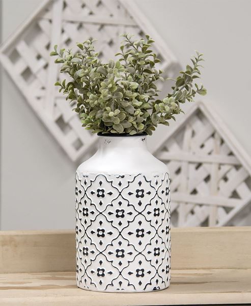 Picture of Black & White Vintage Patterned Metal Vase, Tall