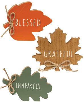 Picture of Thankful Grateful Blessed Leaf Wood Sitter, 3/Set