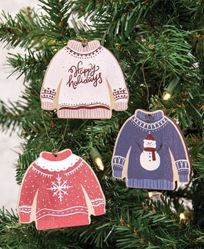 Picture of Happy Holidays Wooden Sweater Ornament, 3/Set