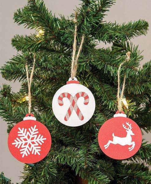 Picture of Sparkle Reindeer, Candy Canes, or Snowflake Wooden Bulb Ornament, 3/Set