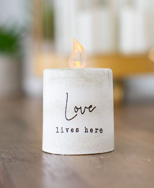 Picture of Love Lives Here White Cement Timer Pillar