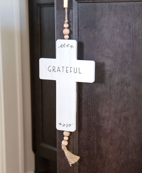 Picture of Grateful Cross Wood Ornament w/Beads & Tassel