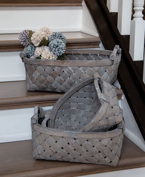 Picture of Graywashed Rectangle Baskets w/Wooden Handles, 3/Set