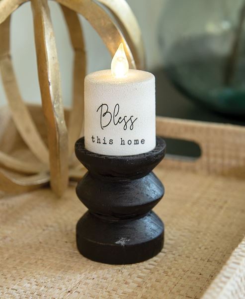 Picture of Black Wooden Pillar Candle Holder, 3.5" Tall