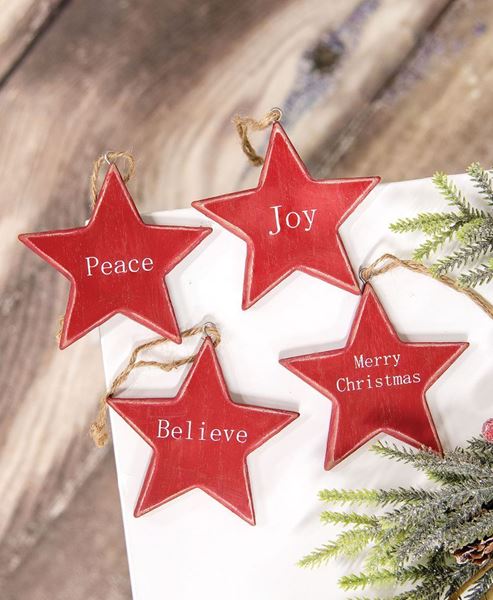 Picture of Red Star Christmas Words Ornament, 4/Set