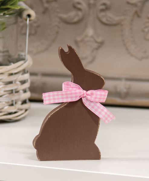 Picture of Wooden Chocolate Bunny Sitter w/Pink Check Ribbon