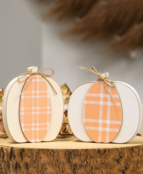 Picture of Cream & Orange Plaid Wooden Pumpkin Sitter, 2/Set