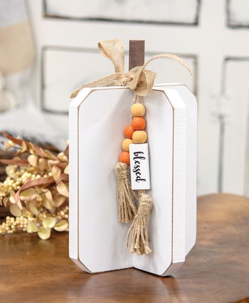 Picture of Medium Blessed Charm White Wooden Interlocking Pumpkin