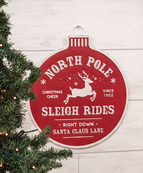 Picture of North Pole Sleigh Rides Christmas Bulb Metal Sign