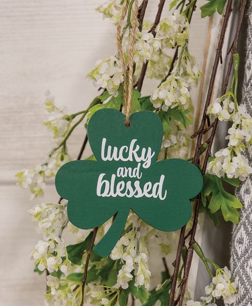 Picture of Lucky and Blessed Wooden Shamrock Ornament