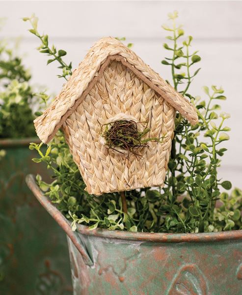 Picture of Natural Woven Seagrass Mossy Birdhouse Pick