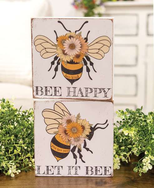 Picture of Bee Happy Floral Bee Box Sign, 2/Set