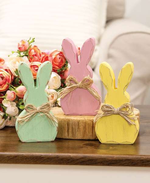 Picture of Distressed Chunky Wooden Pastel Bunny Sitter w/Raffia Bow, 3/Set