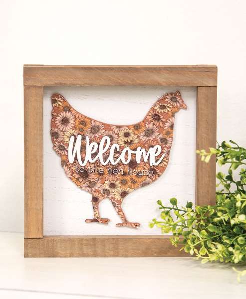 Picture of Welcome Floral Chicken Framed Sign